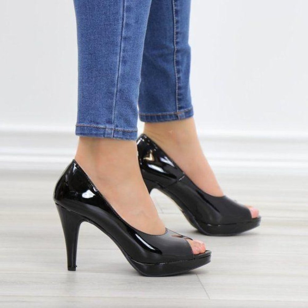 Black Patent Peep Toe High Heel Platform Pump - Picture 6 of 11